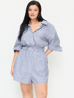 Cider - Cotton-Blend Women Striped Collar Shirred Waist Romper Blue