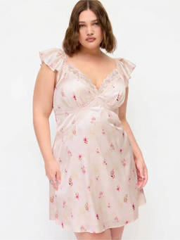 Cider - Satin Floral Women's V-Neck Ruffle Sleeve A-Line Mini Dress Pink