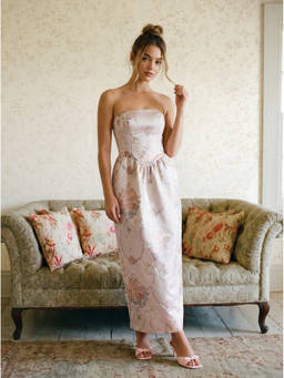 Cider - Jacquard Floral Women's Bandeau Bow Maxi Dress Pink