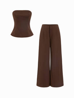 Cider - High Stretch Women Strapless Peplum Pant Set Brown