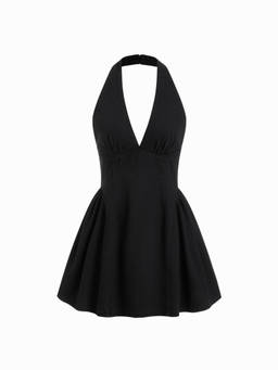 Cider - Denim Women's Halter Neck Backless Flared Mini Dress Black