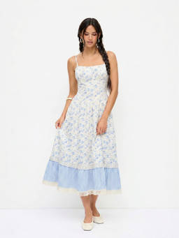 Cider - Ditsy Floral Women's Ruched Lace Tiered Cami Maxi Dress Blue