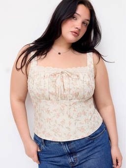 Cider - Floral Jacquard Women's Square Neck Bow Shirred Tank Top Peach
