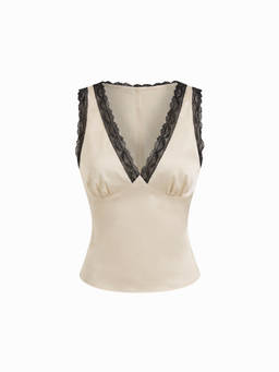 Cider - Satin Women's Lace Trim Ruched V-Neck Tank Top Beige