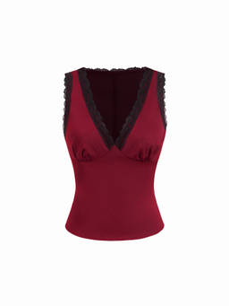Cider - Satin Women's Ruched Lace Trim V-Neck Tank Top Wine
