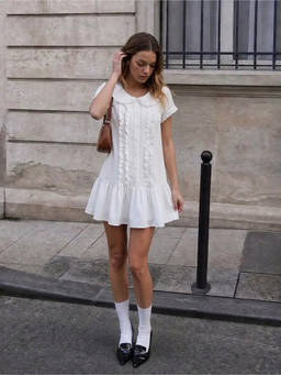 Cider - Peter Pan Collar Women Ruffle Button-Up Shirt Mini Dress White
