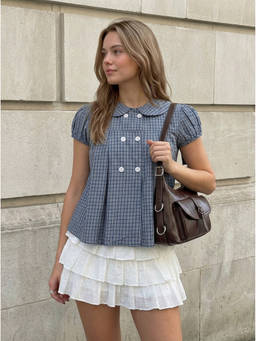 Cider - Gingham Women's Peter Pan Collar Puff Sleeve Oversized Blouse Blue