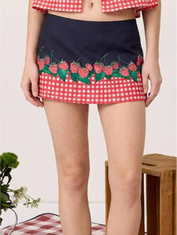 Cider - Linen-Blend Women’s Mid-Rise Printed Mini Skort Navy Blue
