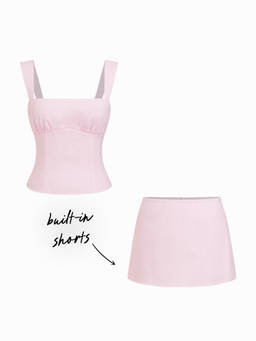 Cider - Textured Women's Square Neck Bow Back Skirt Set Pink