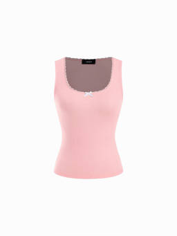 Cider - Lace Trim Women's Bow Detail Scoop Neck Tank Top Pink
