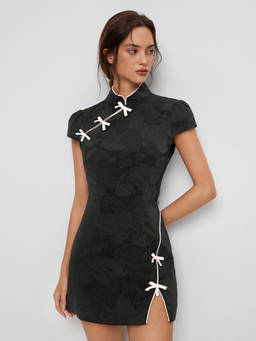Cider - Jacquard Women's Stand Collar Puff Sleeve A-Line Mini Dress Black
