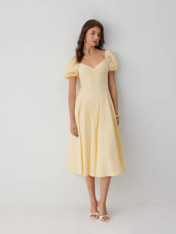 Cider - Cotton Women's Sweetheart Neck Puff Sleeve Flared Midi Dress Yellow