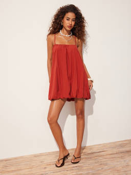 Cider - Cotton-Blend Women's Square Neck Bubble Hem Mini Dress Red