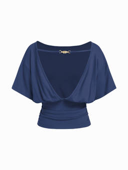 Cider - Metal Detail Women Backless Batwing Sleeve Crop Top Navy Blue