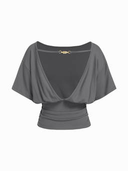 Cider - Metal Detail Women's Backless Batwing Sleeve Crop Top Grey