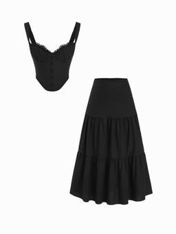 Cider - Linen Blend Women's Sweetheart Corset Skirt Set Black