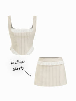 Cider - Linen Blend Women's Striped Square Neck Ruffled Skirt Set Beige