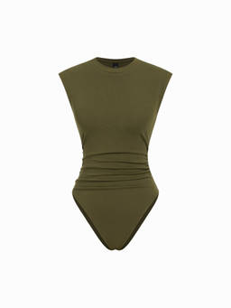 Cider - Ruched Women’s Round Neck Sleeveless Bodysuit Olive