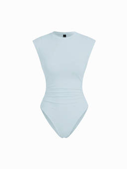 Cider - Ruched Women’s Sleeveless Round Neck Bodysuit Light Blue