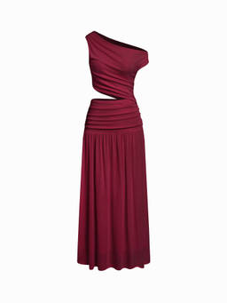 Cider - Asymmetrical Neck Women's Ruched Cutout Bodycon Maxi Dress Burgundy