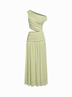 Cider - Ruched Cutout Women's Asymmetrical Neck Bodycon Maxi Dress Green