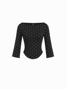 Cider - Knit Fabric Women's Polka Dots Boat Neck Curved Hem Tee Black