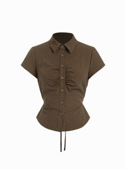 Cider - Striped Women's Ruched Drawstring Button-Down Shirt Brown