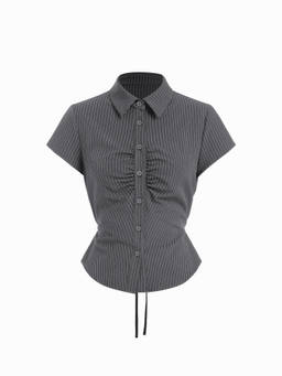 Cider - Striped Women's Ruched Drawstring Button-Down Shirt Charcoal