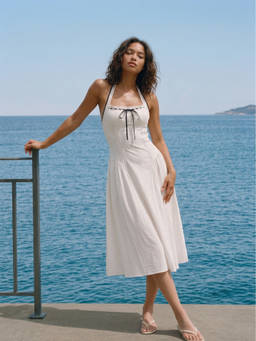 Cider - Linen Blend Women's Halter Neck Bowknot Flared Maxi Dress White