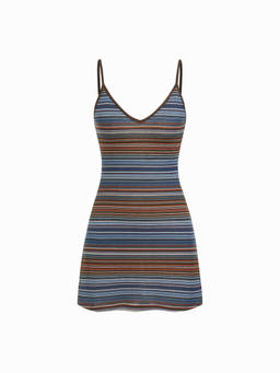 Cider - Knit V-Neck Women's Striped Flared Mini Dress Blue
