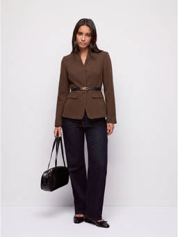 Cider - Textured Women Stand Collar Belted Longline Blazer Brown