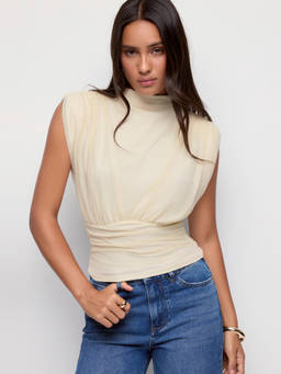 Cider - Women's Ruched Mock Neck Draped Top Beige