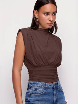 Cider - Women's Ruched Mock Neck Draped Top Brown