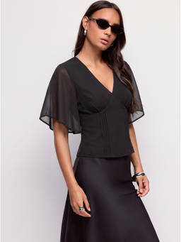 Cider - Chiffon Women's V-Neck Ruffled Pleated Tie-Back Blouse Black