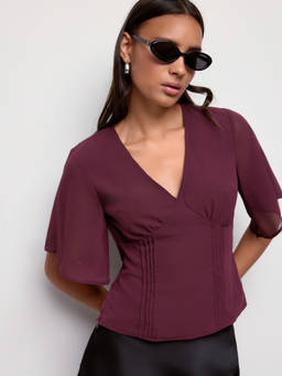 Cider - Chiffon Women's V-Neck Ruffle Sleeve Tie-Back Blouse Burgundy