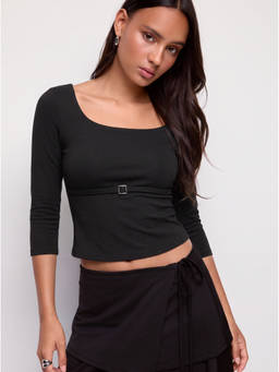 Cider - High Stretch Women’s Scoop Neck Belted Slim Top Black