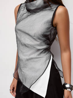 Cider - Textured Women's High Neck Asymmetrical Sheer Tank Top Black