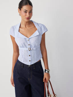 Cider - Cotton-Blend Stripe Collar Belted Button Blouse Blue