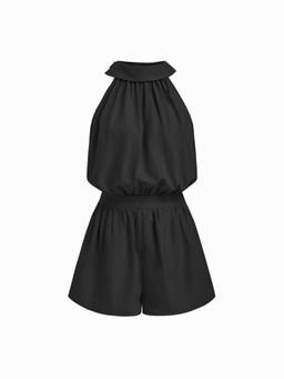 Cider - Women's High Neck Ruched Mid Rise Romper Black