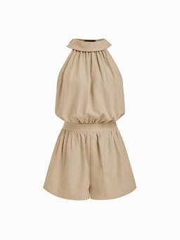 Cider - Ruched Women's High Neck Mid Rise Romper Beige