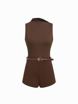 Cider - Women's High Neck Sleeveless Belted Slim Fit Romper Brown