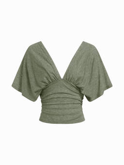 Cider - Ruched Women’s V-Neck Batwing Sleeve Slim Tee Olive