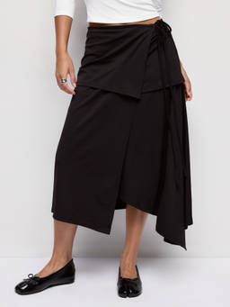 Cider - Textured Women’s Mid-Rise Asymmetrical Tie-Up Maxi Skirt Black