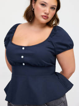 Cider - Cotton Blend Women Ruched Lace Trim Puff Sleeve Blouse Navy Blue