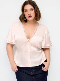 Cider - Lace Trim Women's V-Neck Drawstring Blouse Pink