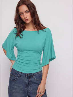Cider - Women's Ruched Boat Neck Bell Sleeve Tee Teal