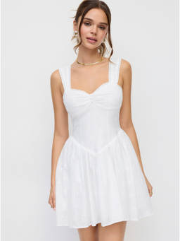 Cider - Broderie Anglaise Women's Sweetheart Ruched Flared Mini Dress Cream