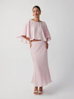 Cider - Satin Women's Dolman Sleeve Mermaid Skirt Set Pink