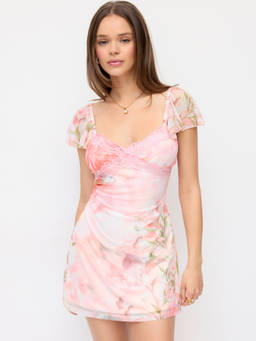 Cider - Mesh Floral Women's V-Neck Ruffle Sleeve A-Line Mini Dress Pink