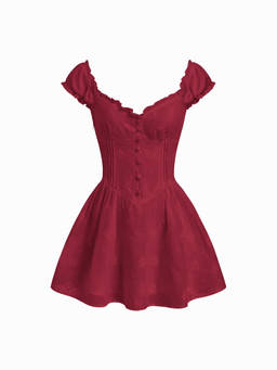 Cider - Broderie Anglaise Women Ruffled Sweetheart Flared Mini Dress Wine